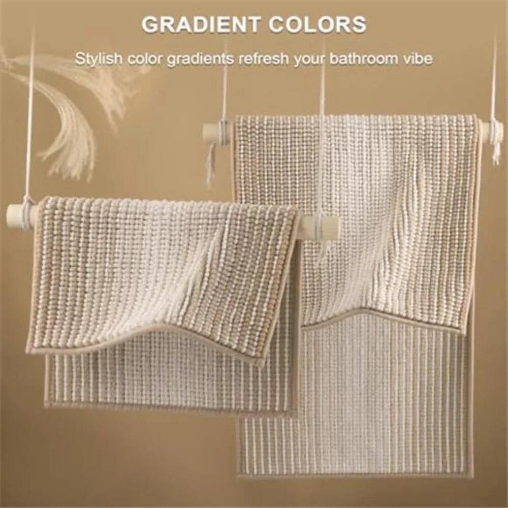Beige Chenille Bath Rug Set Non Slip Absorbent Bathroom Mats